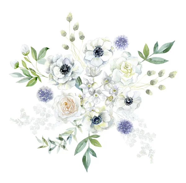 芬芳与白色的海葵和园艺花 水彩画说明 — 图库照片