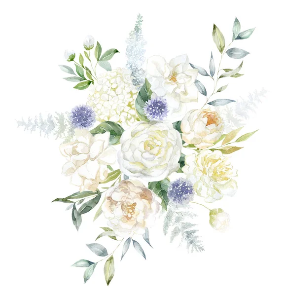 白い牡丹の花束 クチナシの花 水彩イラスト — ストック写真