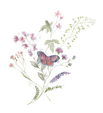 Çiçekli suluboya buket ve Kelebek. Beyaz Arkaplanda Kart Tasarımı.