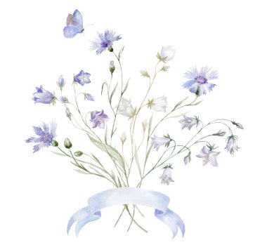 Çiçekli suluboya buket ve Kelebek. Beyaz Arkaplanda Kart Tasarımı.