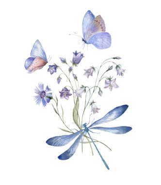 Çiçekli suluboya buket ve Kelebek. Beyaz Arkaplanda Kart Tasarımı.