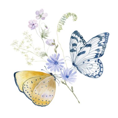 Çiçekli suluboya buket ve Kelebek. Beyaz Arkaplanda Kart Tasarımı.