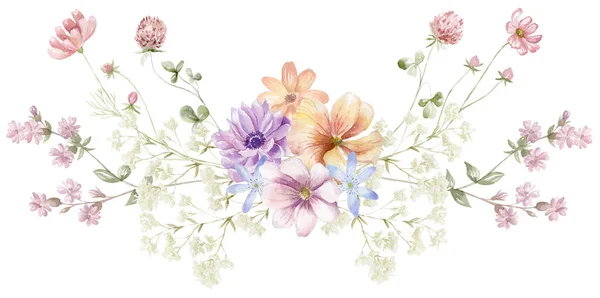 Akvarell Csokor Vadvirággal Multicolor Virágok Tervezés Kártya Fehér Háttér — Stock Fotó