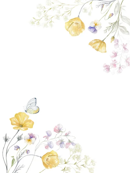 Akvarell Üdvözlet Kártya Sárga Poppy Wildflowers Fehér Háttér — Stock Fotó