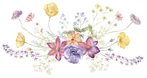 Çiçekli Suluboya Buket Çok Renkli Çiçekler Beyaz Arkaplanda Kart Tasarımı — Stok fotoğraf