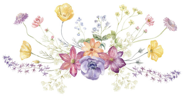 Watercolor Bouquet with Wildflowers. Multicolor Flowers. Design for Card on the white Background.