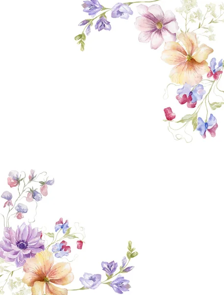 Akvarelové Pozdrav Karta Vícebarevnými Wildflowers Bílém Pozadí — Stock fotografie