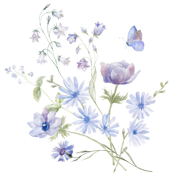 Buquê Aquarela Com Flores Silvestres Borboleta Design Para Cartão Fundo — Fotografia de Stock