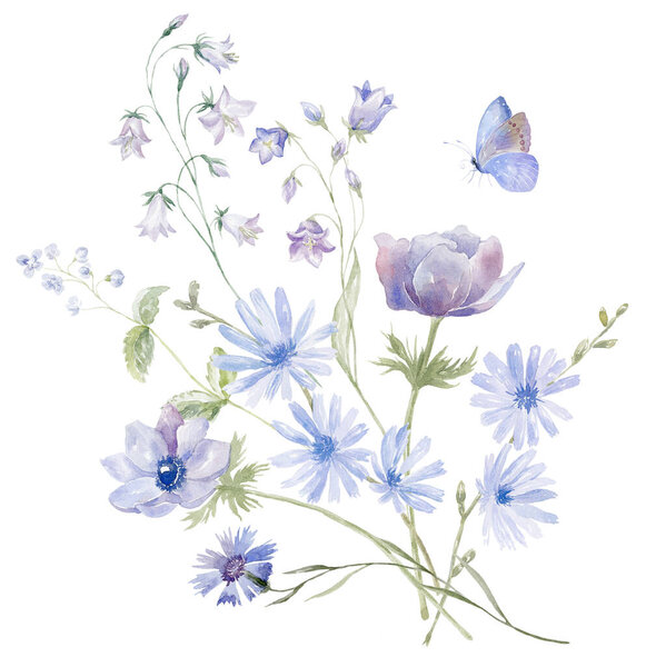 Watercolor Bouquet with Wildflowers and Butterfly. Design for Card on the white Background.