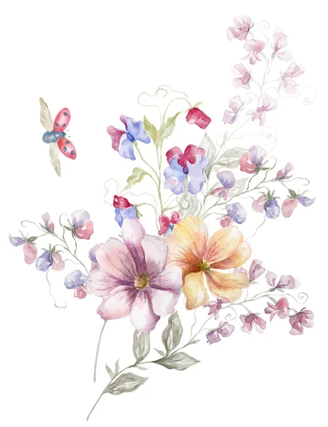 Ramo Acuarela Con Flores Silvestres Flores Multicolores Diseño Tarjeta Fondo —  Fotos de Stock