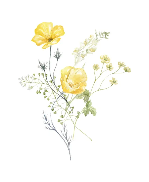 Buquê Aquarela Com Flores Silvestres Flores Amarelas Papoula Design Para — Fotografia de Stock