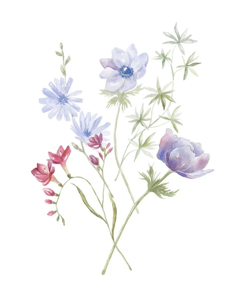 Μπουκέτο Ακουαρέλας Αγριολούλουδα Μπλε Και Ροζ Λουλούδια Σχεδιασμός Κάρτας Στο — Φωτογραφία Αρχείου