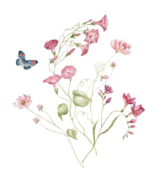 Watercolor Bouquet with Wildflowers and Butterfly. Design for Card on the white Background.