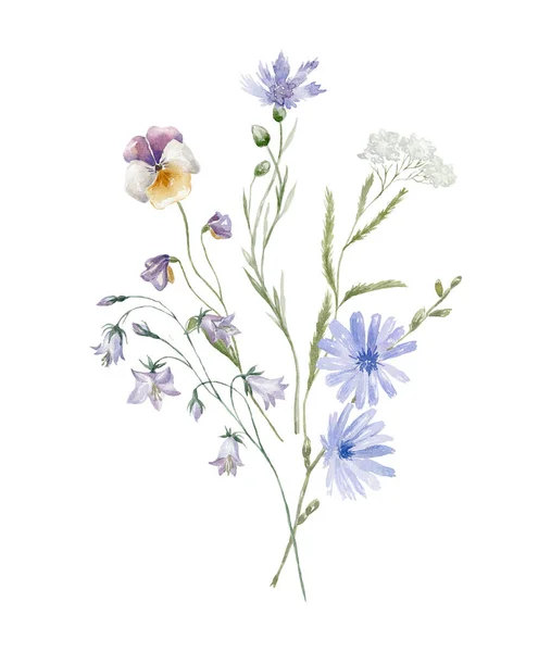 Buquê Aquarela Com Flores Silvestres Florais Azuis Design Para Cartão — Fotografia de Stock