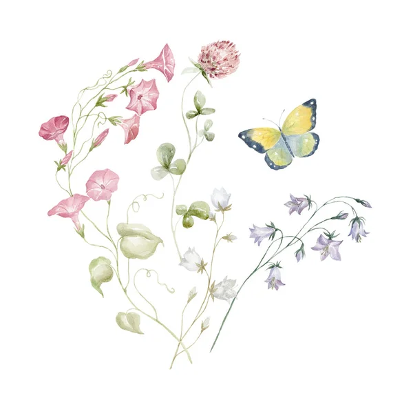 Ramo Acuarela Con Flores Silvestres Mariposa Diseño Tarjeta Fondo Blanco —  Fotos de Stock