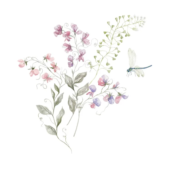 ワイルドフラワーと水彩ブケ ピンクの花 白を基調としたカードデザイン — ストック写真