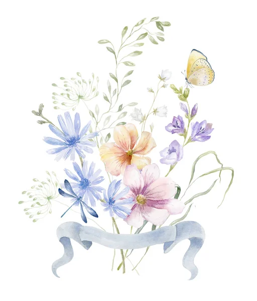 Akvarel Kytice Wildflowers Butterfly Design Karty Bílém Pozadí — Stock fotografie