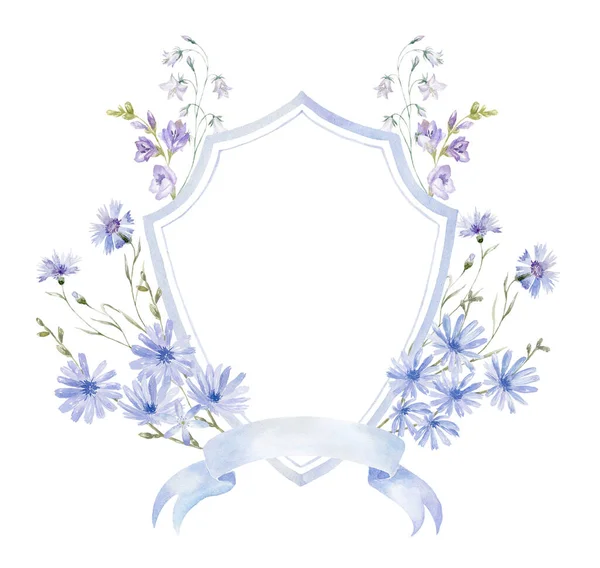 Aquarell Wappen Mit Wildblumen Auf Weißem Hintergrund Hochzeitsdesign — Stockfoto