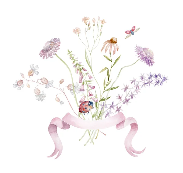 ワイルドフラワーと水彩ブケ ピンクの植物 白を基調としたカードデザイン — ストック写真