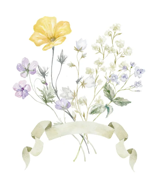 ワイルドフラワーと水彩ブケ 黄色のポピー植物 白を基調としたカードデザイン — ストック写真
