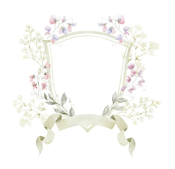 白い背景に野生の花と水彩クレスト 結婚式のデザイン — ストック写真