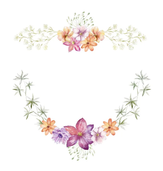 Cadre Aquarelle Avec Fleurs Sauvages Sur Fond Blanc Illustration Estivale — Photo