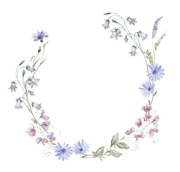 Akvarel Rámeček Wildflowers Bílém Pozadí Letní Ilustrace — Stock fotografie