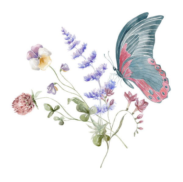 Watercolor Bouquet with Wildflowers and Butterfly. Design for Card on the white Background.