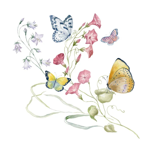 Υδατογραφία Μπουκέτο Αγριολούλουδα Και Πεταλούδα Σχεδιασμός Κάρτας Στο Λευκό Φόντο — Φωτογραφία Αρχείου