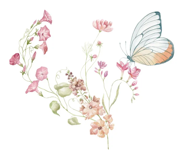 Aquarellstrauß Mit Wildblumen Und Schmetterling Design Für Karte Auf Weißem — Stockfoto