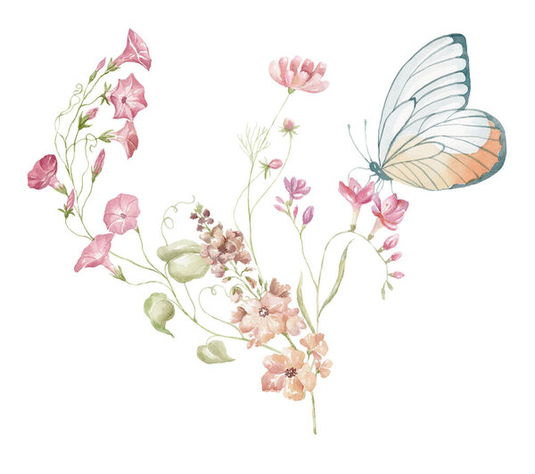 Watercolor Bouquet with Wildflowers and Butterfly. Design for Card on the white Background.