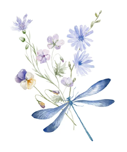 Buquê Aquarela Com Flores Silvestres Libélula Design Para Cartão Fundo — Fotografia de Stock