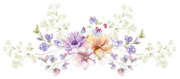 Bukiet Akwareli Dzikimi Kwiatami Wielokolorowe Kwiaty Projekt Karty Białym Tle — Zdjęcie stockowe