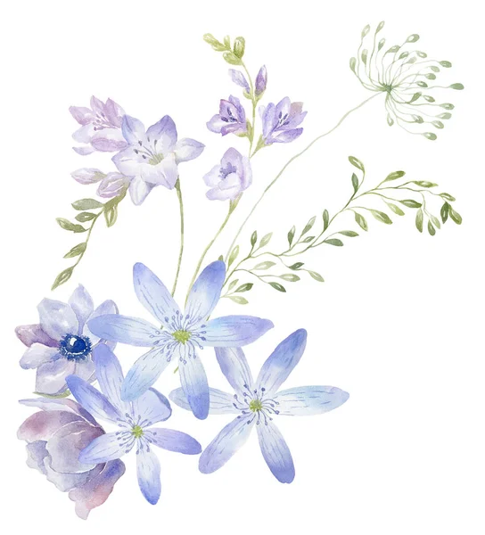 Bukiet Akwareli Dzikimi Kwiatami Niebieskie Kwiaty Projekt Karty Białym Tle — Zdjęcie stockowe