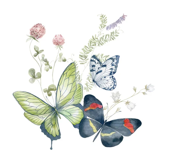 Aquarellstrauß Mit Wildblumen Und Schmetterling Design Für Karte Auf Weißem — Stockfoto