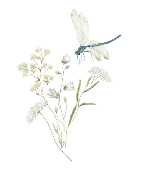 Aquarellstrauß Mit Wildblumen Und Libelle Design Für Karte Auf Weißem — Stockfoto