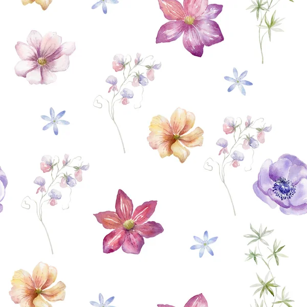 Beyaz Arka Planda Kır Çiçekleriyle Suluboya Kusursuz Desen — Stok fotoğraf