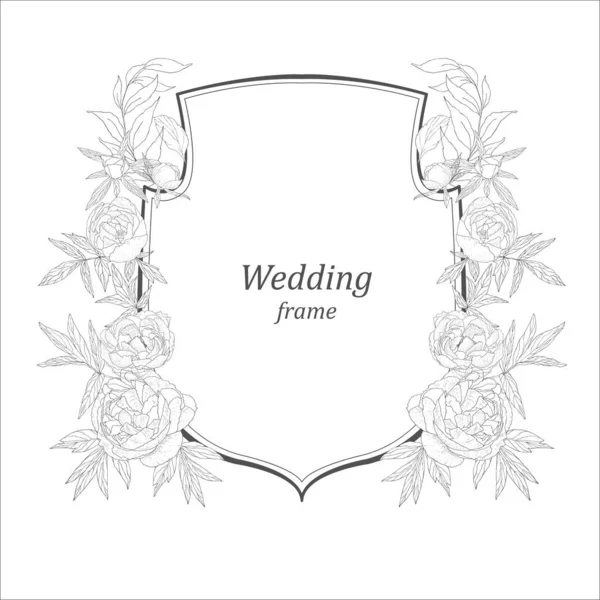 Hochzeitswappen Mit Blumen Zeilenkunst Illustration — Stockvektor