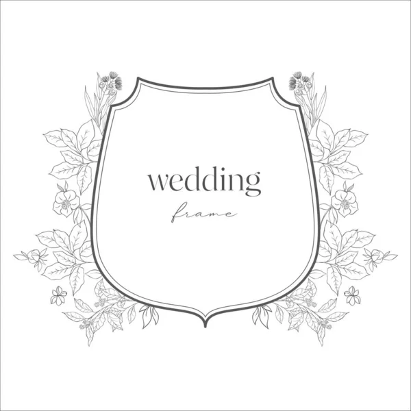 Bruiloft Crest Met Bloemen Illustratie Van Lijnkunst — Stockvector