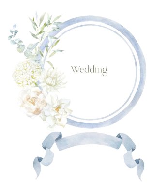 Beyaz arkaplanda çiçekli suluboya çerçeve. Düğün Tasarımı.