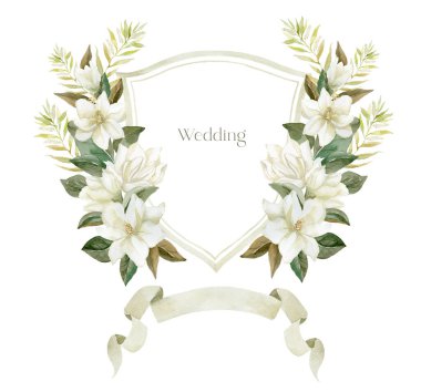 Beyaz arka planda Magnolia çiçekleriyle suluboya bulutu. Düğün Tasarımı.