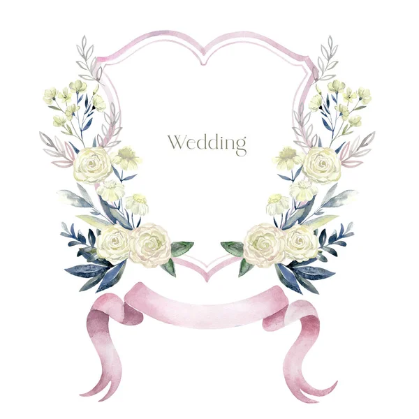 Aquarell Wappen Mit Rosenblüten Auf Weißem Hintergrund Hochzeitsdesign — Stockfoto
