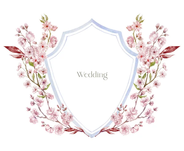 Akvarell Crest Med Körsbär Blommor Den Vita Bakgrunden Bröllopsdesign — Stockfoto