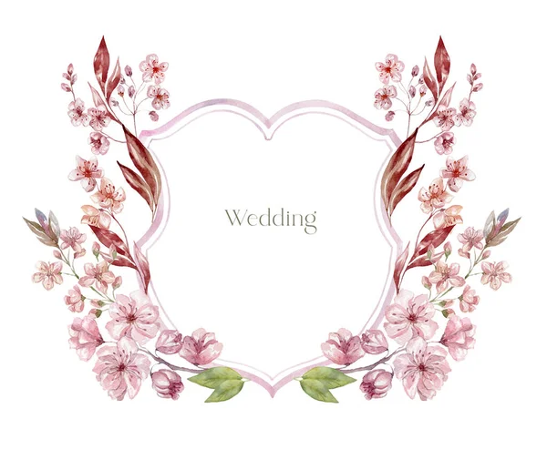 Aquarell Wappen Mit Kirschblüten Auf Weißem Hintergrund Hochzeitsdesign — Stockfoto