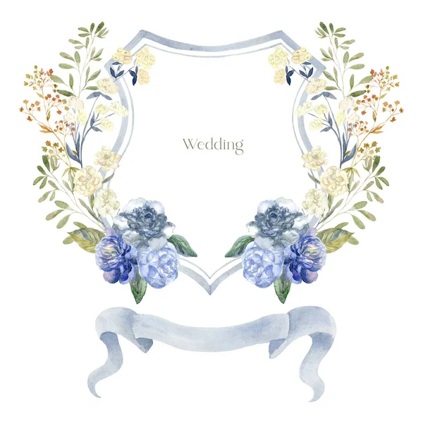 Akvarell Crest Med Pion Blommor Den Vita Bakgrunden Bröllopsdesign — Stockfoto