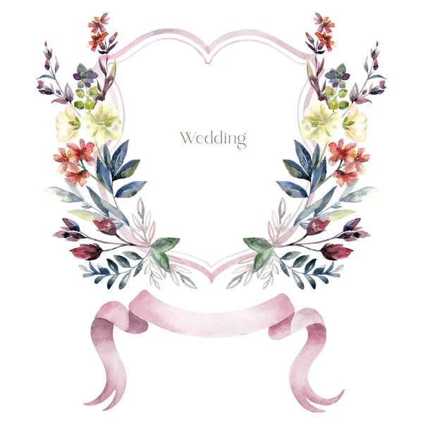 Aquarell Wappen Mit Blumen Auf Weißem Hintergrund Hochzeitsdesign — Stockfoto