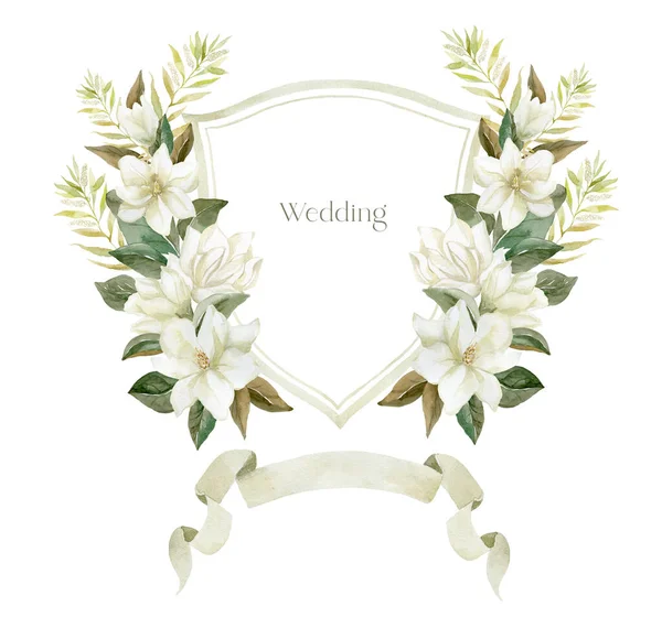 Crest Aquarela Com Flores Magnólia Fundo Branco Design Casamento — Fotografia de Stock