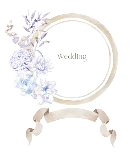 Moldura Aquarela Com Flores Fundo Branco Design Casamento — Fotografia de Stock