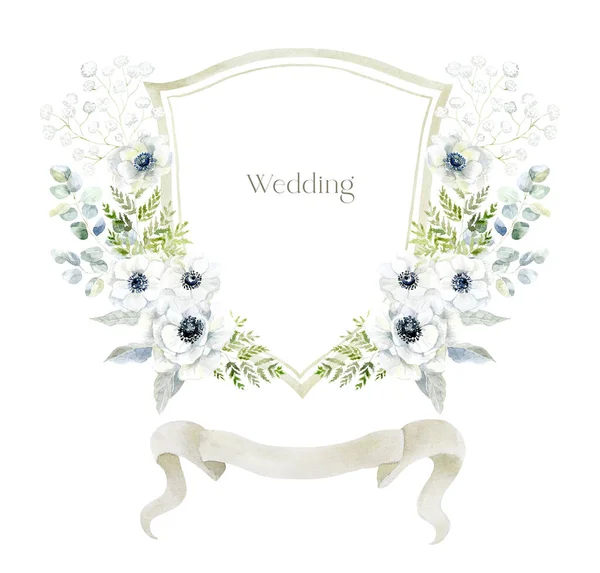 Akvarell Crest Med Anemon Blommor Den Vita Bakgrunden Bröllopsdesign — Stockfoto