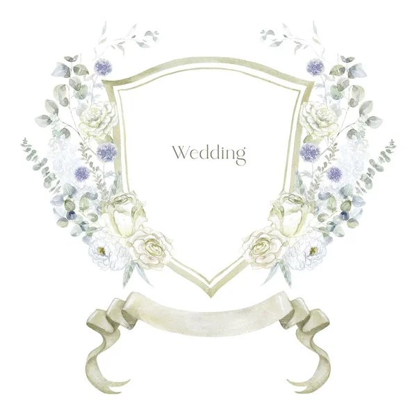 Crest Aquarela Com Flores Brancas Fundo Branco Design Casamento — Fotografia de Stock